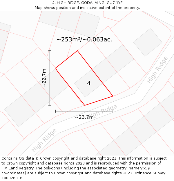 4, HIGH RIDGE, GODALMING, GU7 1YE: Plot and title map
