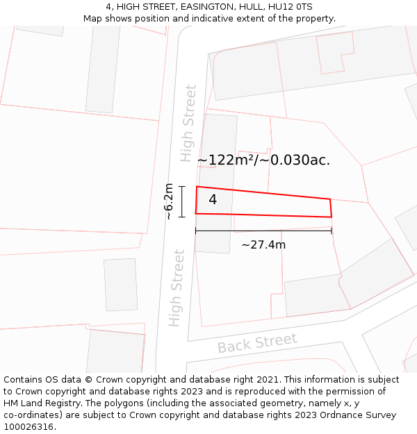 4, HIGH STREET, EASINGTON, HULL, HU12 0TS: Plot and title map