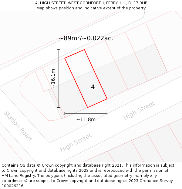 4, HIGH STREET, WEST CORNFORTH, FERRYHILL, DL17 9HR: Plot and title map