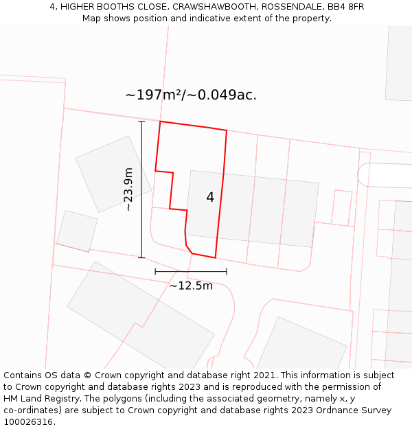 4, HIGHER BOOTHS CLOSE, CRAWSHAWBOOTH, ROSSENDALE, BB4 8FR: Plot and title map