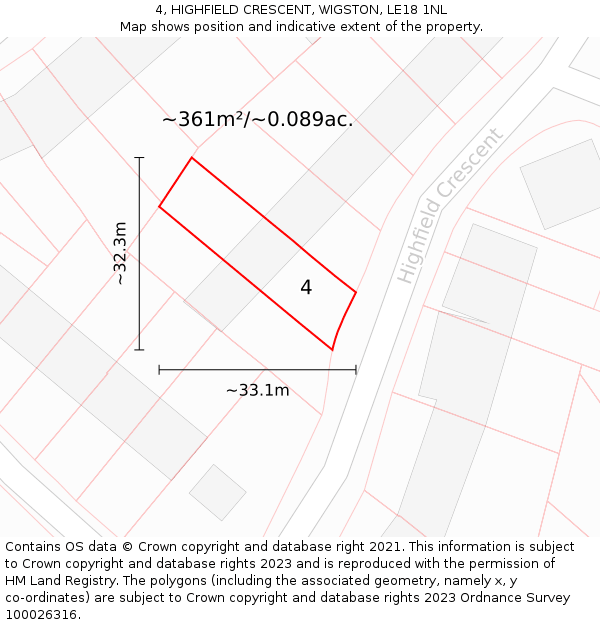 4, HIGHFIELD CRESCENT, WIGSTON, LE18 1NL: Plot and title map