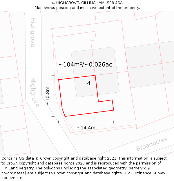 4, HIGHGROVE, GILLINGHAM, SP8 4SA: Plot and title map