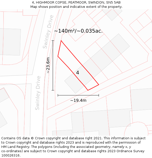 4, HIGHMOOR COPSE, PEATMOOR, SWINDON, SN5 5AB: Plot and title map