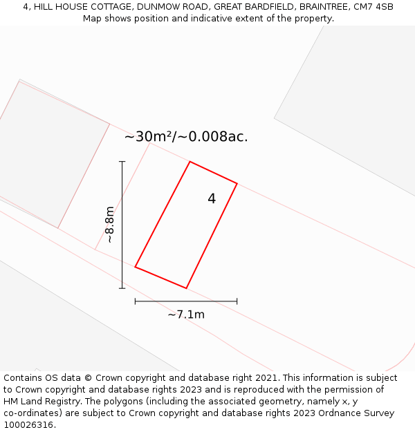 4, HILL HOUSE COTTAGE, DUNMOW ROAD, GREAT BARDFIELD, BRAINTREE, CM7 4SB: Plot and title map