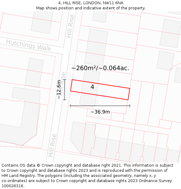 4, HILL RISE, LONDON, NW11 6NA: Plot and title map