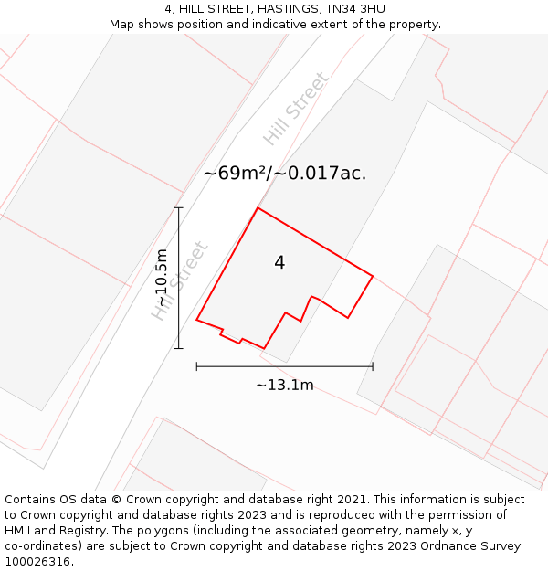 4, HILL STREET, HASTINGS, TN34 3HU: Plot and title map