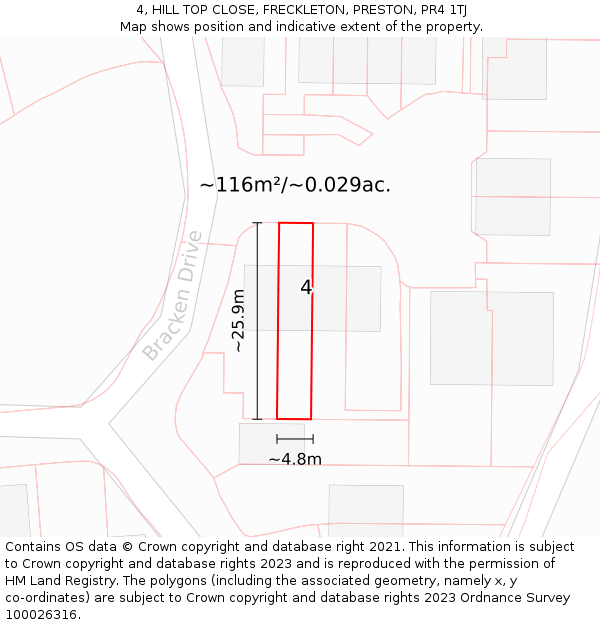 4, HILL TOP CLOSE, FRECKLETON, PRESTON, PR4 1TJ: Plot and title map