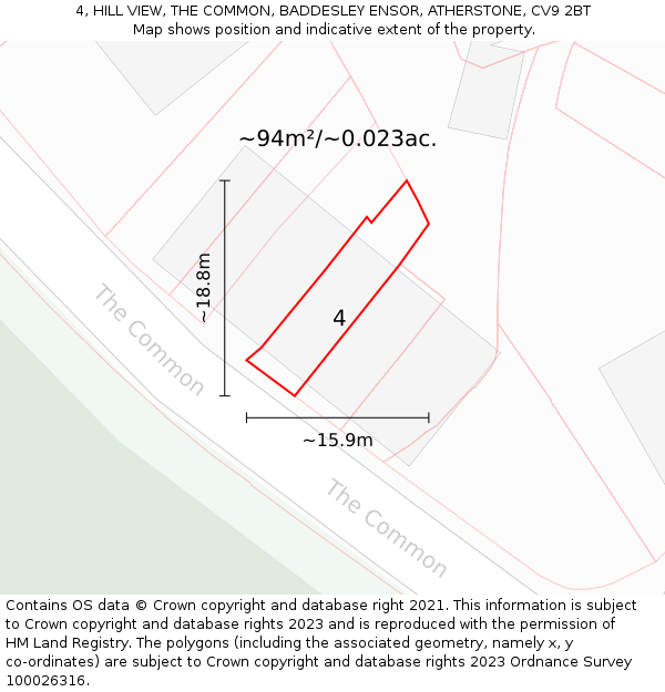 4, HILL VIEW, THE COMMON, BADDESLEY ENSOR, ATHERSTONE, CV9 2BT: Plot and title map