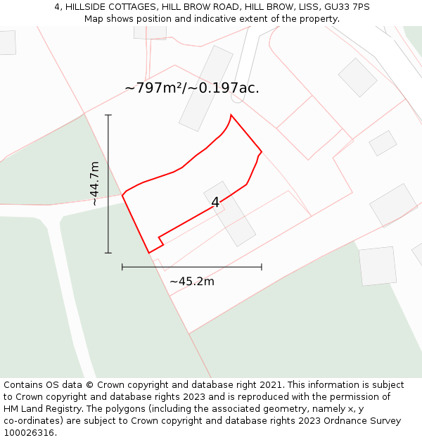4, HILLSIDE COTTAGES, HILL BROW ROAD, HILL BROW, LISS, GU33 7PS: Plot and title map
