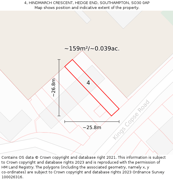 4, HINDMARCH CRESCENT, HEDGE END, SOUTHAMPTON, SO30 0AP: Plot and title map