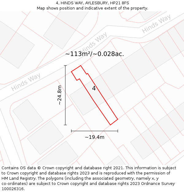 4, HINDS WAY, AYLESBURY, HP21 8FS: Plot and title map