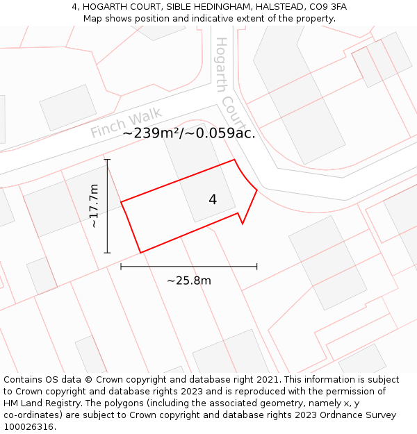 4, HOGARTH COURT, SIBLE HEDINGHAM, HALSTEAD, CO9 3FA: Plot and title map