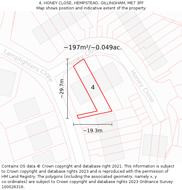 4, HONEY CLOSE, HEMPSTEAD, GILLINGHAM, ME7 3PF: Plot and title map