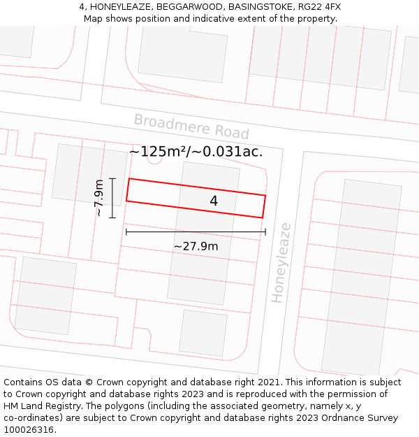 4, HONEYLEAZE, BEGGARWOOD, BASINGSTOKE, RG22 4FX: Plot and title map