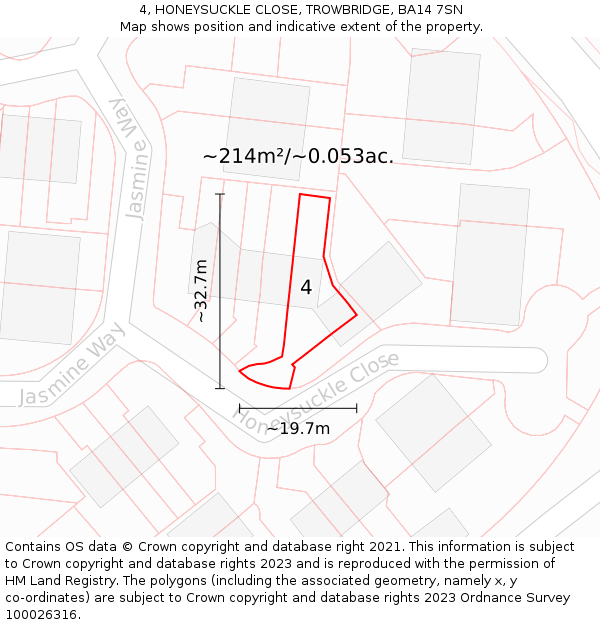 4, HONEYSUCKLE CLOSE, TROWBRIDGE, BA14 7SN: Plot and title map