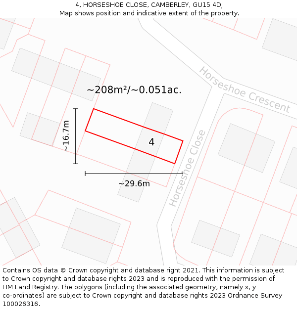 4, HORSESHOE CLOSE, CAMBERLEY, GU15 4DJ: Plot and title map