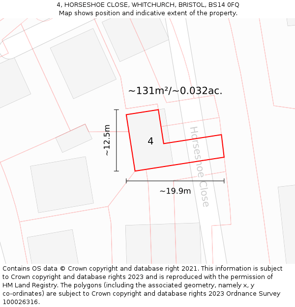 4, HORSESHOE CLOSE, WHITCHURCH, BRISTOL, BS14 0FQ: Plot and title map