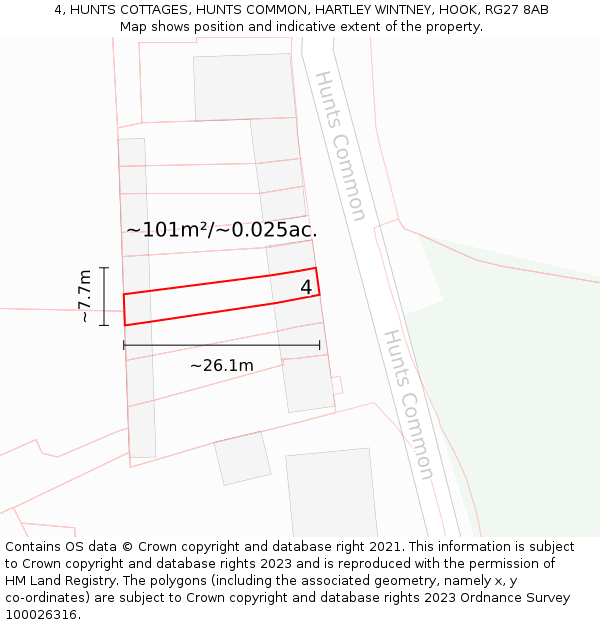 4, HUNTS COTTAGES, HUNTS COMMON, HARTLEY WINTNEY, HOOK, RG27 8AB: Plot and title map