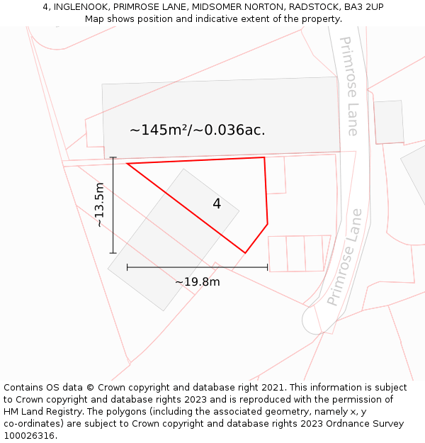 4, INGLENOOK, PRIMROSE LANE, MIDSOMER NORTON, RADSTOCK, BA3 2UP: Plot and title map