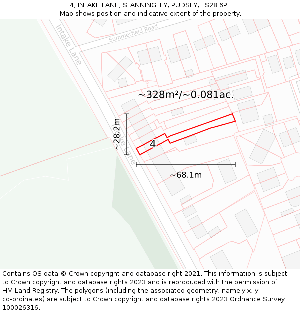 4, INTAKE LANE, STANNINGLEY, PUDSEY, LS28 6PL: Plot and title map