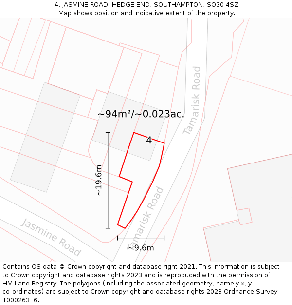 4, JASMINE ROAD, HEDGE END, SOUTHAMPTON, SO30 4SZ: Plot and title map