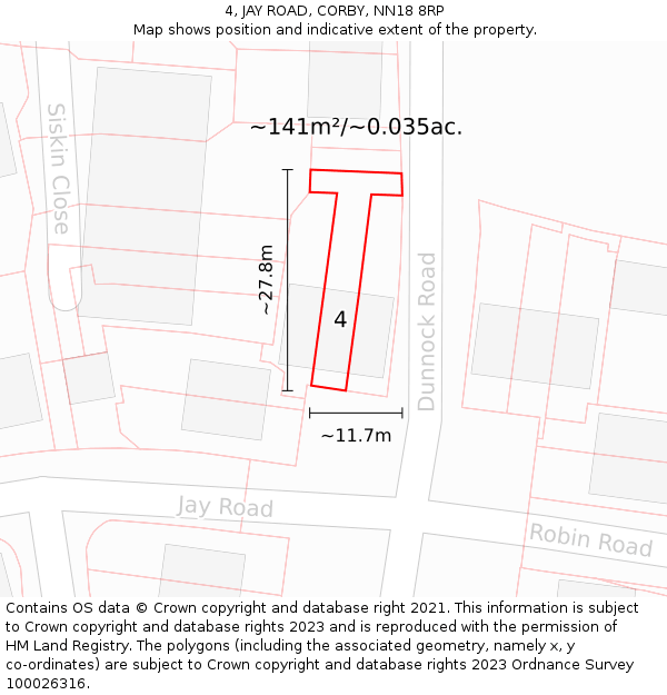 4, JAY ROAD, CORBY, NN18 8RP: Plot and title map