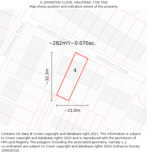 4, JOHNSTON CLOSE, HALSTEAD, CO9 1NG: Plot and title map
