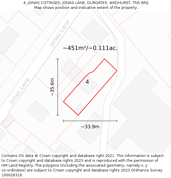 4, JONAS COTTAGES, JONAS LANE, DURGATES, WADHURST, TN5 6RQ: Plot and title map