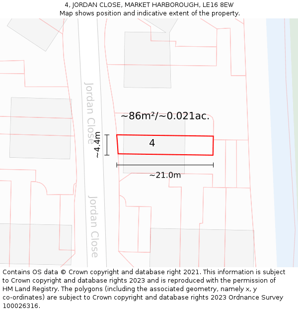 4, JORDAN CLOSE, MARKET HARBOROUGH, LE16 8EW: Plot and title map