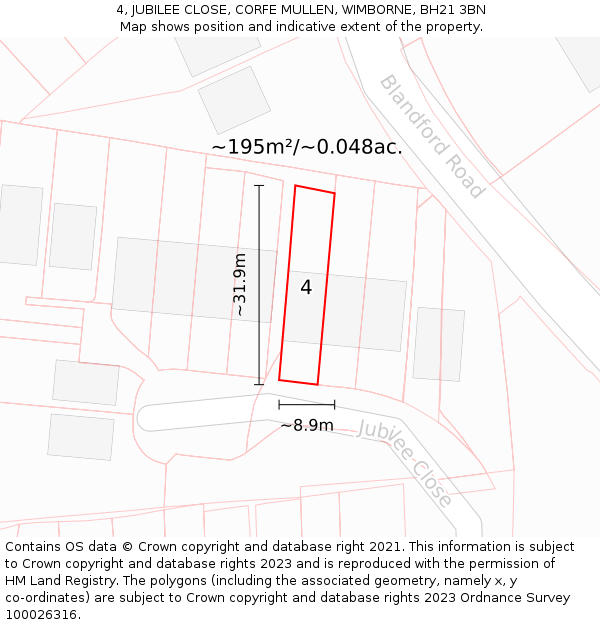 4, JUBILEE CLOSE, CORFE MULLEN, WIMBORNE, BH21 3BN: Plot and title map