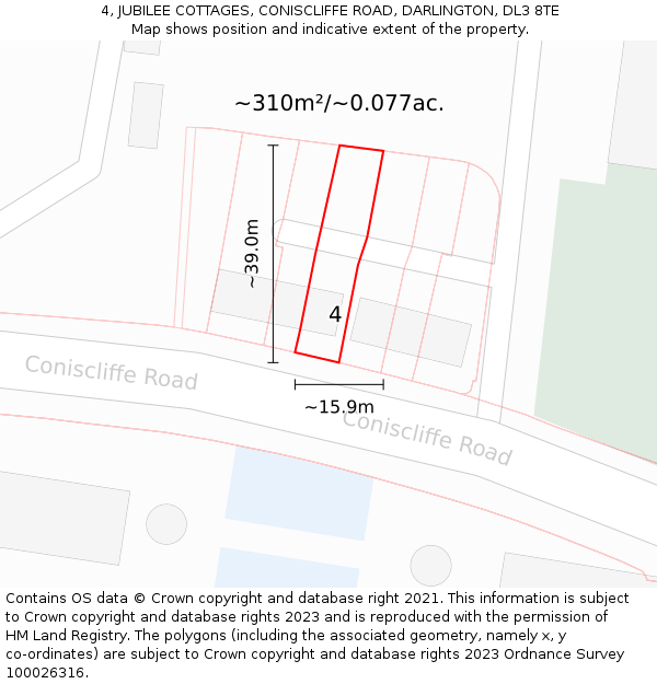4, JUBILEE COTTAGES, CONISCLIFFE ROAD, DARLINGTON, DL3 8TE: Plot and title map