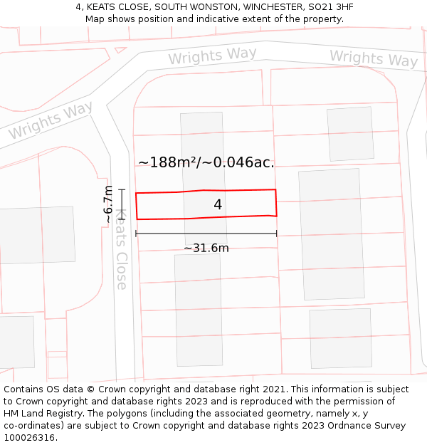 4, KEATS CLOSE, SOUTH WONSTON, WINCHESTER, SO21 3HF: Plot and title map