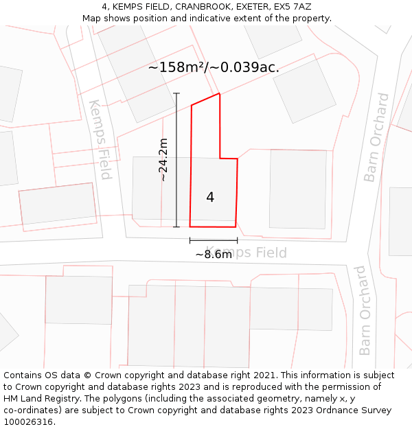 4, KEMPS FIELD, CRANBROOK, EXETER, EX5 7AZ: Plot and title map
