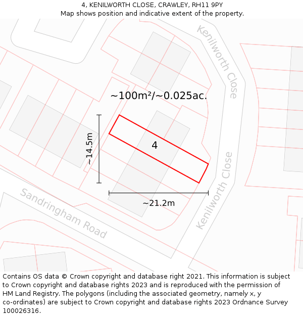 4, KENILWORTH CLOSE, CRAWLEY, RH11 9PY: Plot and title map