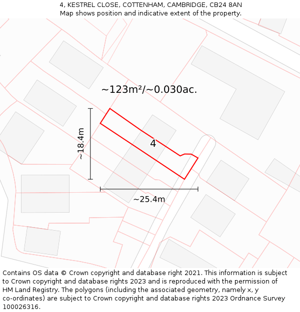 4, KESTREL CLOSE, COTTENHAM, CAMBRIDGE, CB24 8AN: Plot and title map