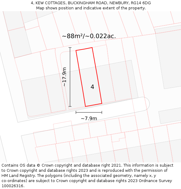 4, KEW COTTAGES, BUCKINGHAM ROAD, NEWBURY, RG14 6DG: Plot and title map