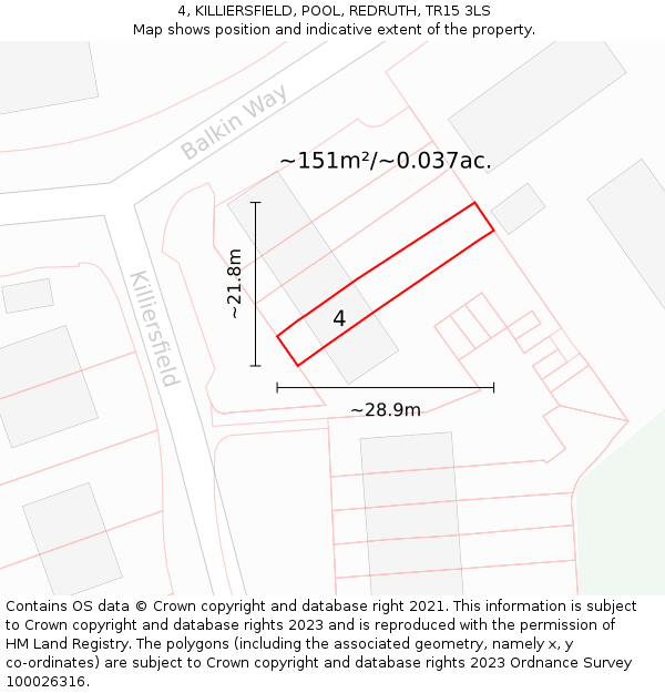 4, KILLIERSFIELD, POOL, REDRUTH, TR15 3LS: Plot and title map