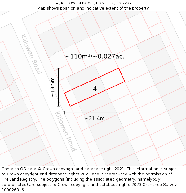 4, KILLOWEN ROAD, LONDON, E9 7AG: Plot and title map