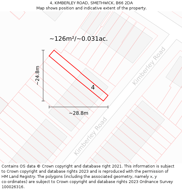 4, KIMBERLEY ROAD, SMETHWICK, B66 2DA: Plot and title map