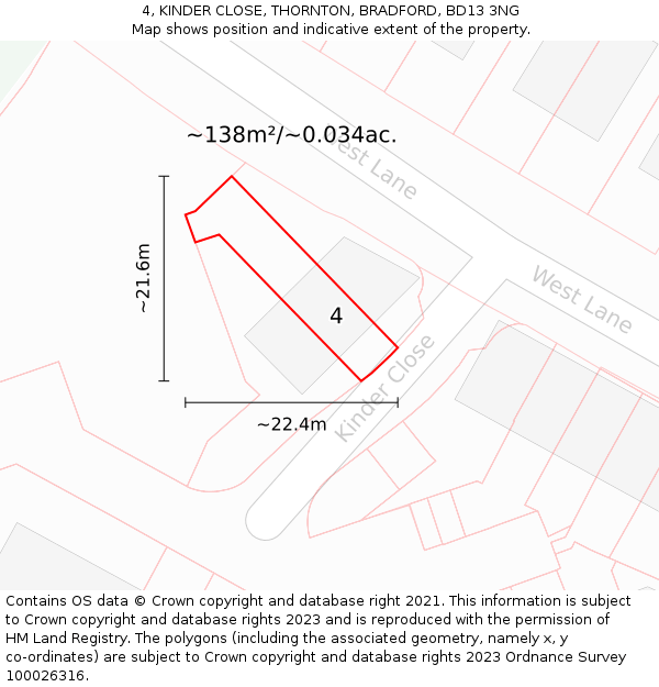 4, KINDER CLOSE, THORNTON, BRADFORD, BD13 3NG: Plot and title map