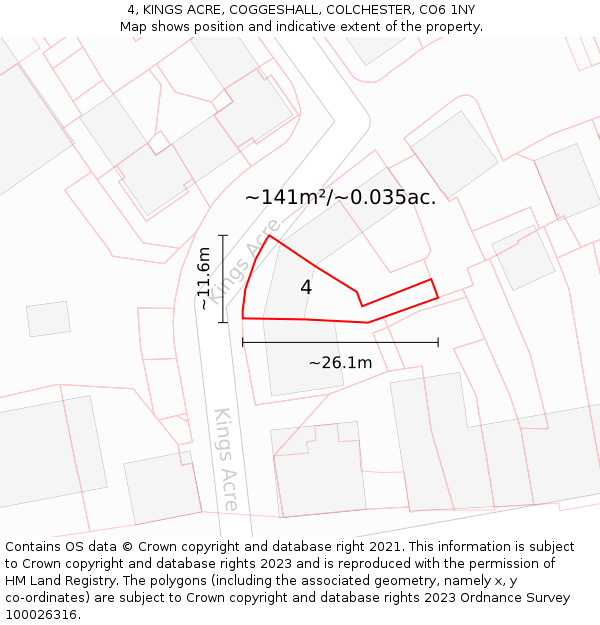 4, KINGS ACRE, COGGESHALL, COLCHESTER, CO6 1NY: Plot and title map