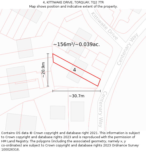 4, KITTIWAKE DRIVE, TORQUAY, TQ2 7TR: Plot and title map