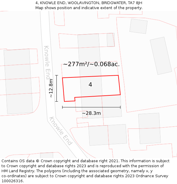4, KNOWLE END, WOOLAVINGTON, BRIDGWATER, TA7 8JH: Plot and title map