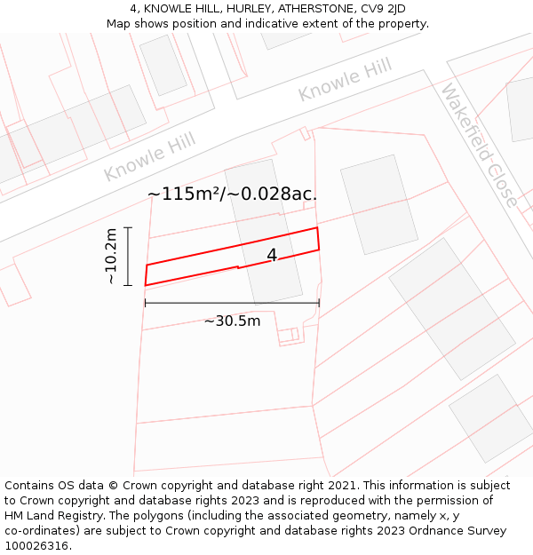 4, KNOWLE HILL, HURLEY, ATHERSTONE, CV9 2JD: Plot and title map