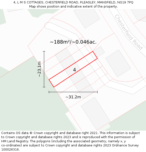 4, L M S COTTAGES, CHESTERFIELD ROAD, PLEASLEY, MANSFIELD, NG19 7PQ: Plot and title map