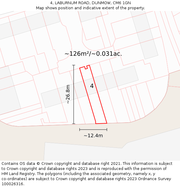 4, LABURNUM ROAD, DUNMOW, CM6 1GN: Plot and title map