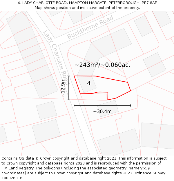 4, LADY CHARLOTTE ROAD, HAMPTON HARGATE, PETERBOROUGH, PE7 8AF: Plot and title map