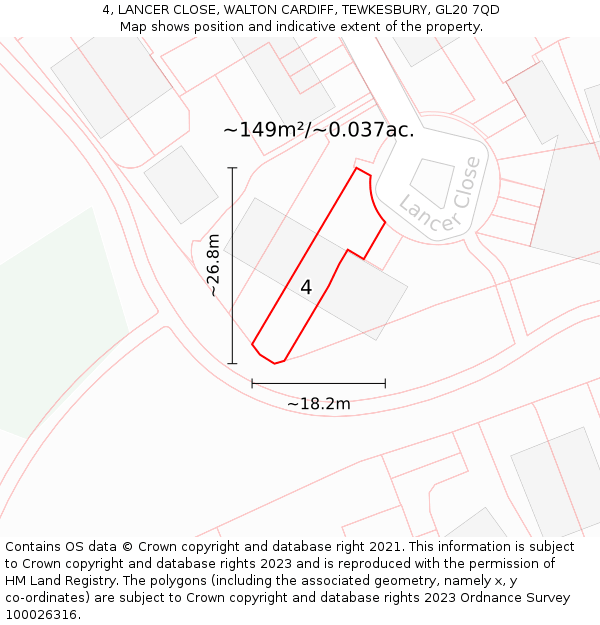4, LANCER CLOSE, WALTON CARDIFF, TEWKESBURY, GL20 7QD: Plot and title map