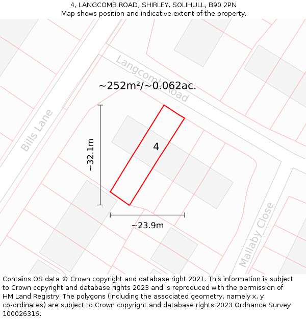 4, LANGCOMB ROAD, SHIRLEY, SOLIHULL, B90 2PN: Plot and title map