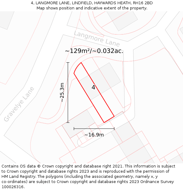 4, LANGMORE LANE, LINDFIELD, HAYWARDS HEATH, RH16 2BD: Plot and title map